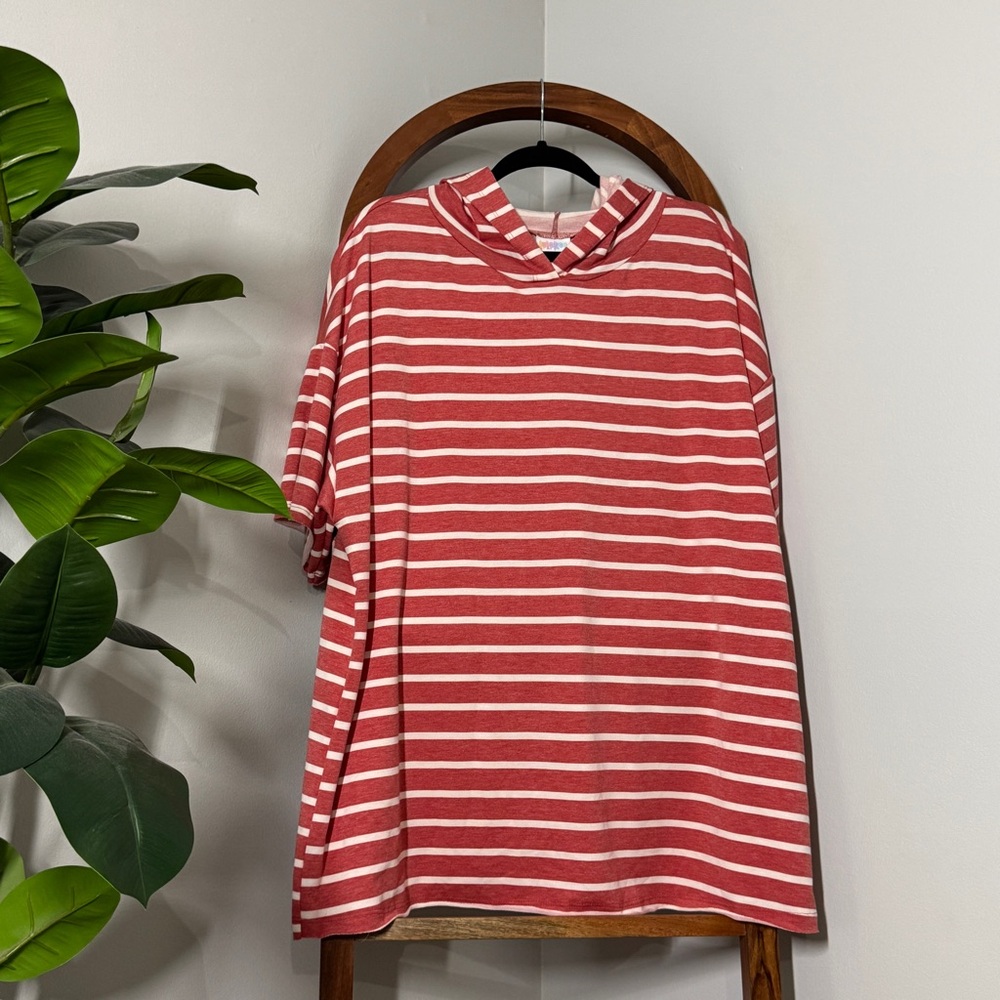 Lularoe XL Frankie Red White Striped Short Sleeve Hoodie NEW